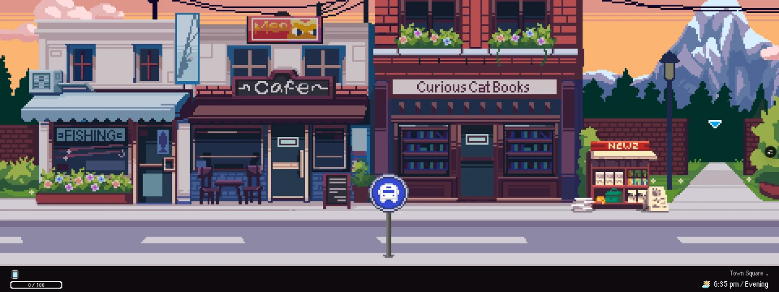 Cat Town at sunset, with a café, fishing shop and bookstore